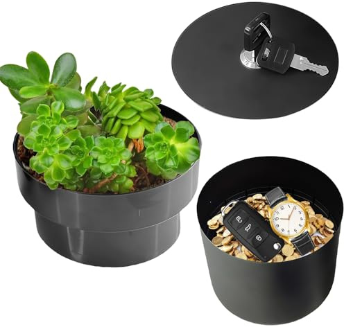 Tresor in Form eines Blumentopf, Blumentopf mit Geheimfach und Schlüsselschloss, Blumentopf-Umleitungssafe aus Metall, Versteckter Safe, Getarnte Geheimversteck für Schlüssel Bargeld Uhr(Schwarz)