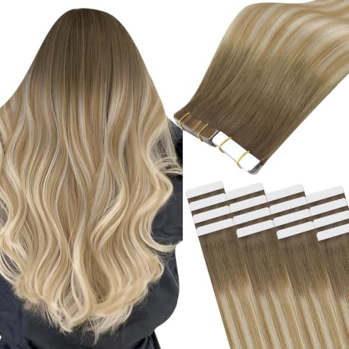 Easyouth Echthaar Tape Extension Blond Balayage Tape Echthaar Extension Mittelbraun Ombre Honigblond Platinblond Extensions Menschenhaar Tapes Unsichtbar #6/27/60 45cm 40g