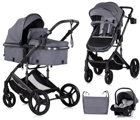 Chipolino Kinderwagen 3 in 1 Amore Babyschale Adapter Wickeltasche Fußabdeckung grau gemustert