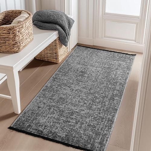 Carpetsale24, Baumwolle Teppich Läufer Grau 80x150 cm Waschbar, Boho-Stil, Vintage Kelim, Kurzflor, rutschfest & Weich, Einfarbig Meliert, Für Küche, Schlafzimmer & Flur