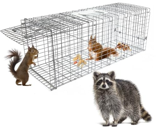 Live Animal Cage Trap, 32 x 11 x 12 Folding Raccoon Traps, Silver
