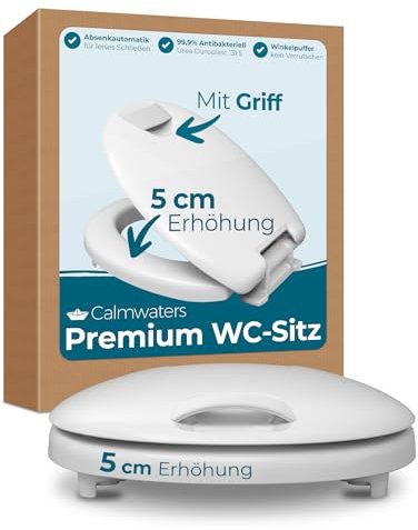 Calmwaters WC-Sitz erhöht, + 5 cm Erhöhung, stabiler Griff, Absenkautomatik, Made in EU, antibakteriell, univeral, oval, Duroplast, Toilettensitz