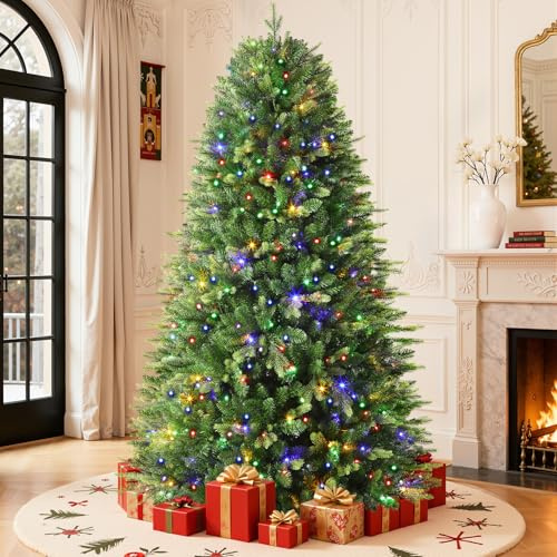 SHareconn 6ft PE+PVC Pre Lit Christmas Tree, Artificial XmasTree with 270 Warm White & Multicolor LED Lights, 900 Adjustable Angle Branches,12 Light Modes, Easy Assembly and Foldable, 6FT