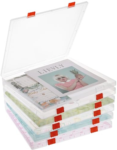 Rainmae 12x12 Scrapbook Paper Storage, Stackable Plastic File Storage Box, Craft Paper Organizer Case, Textured Papers Storage Containers for Board Game, Document, Magazine, Art Supplies (6 Pack)