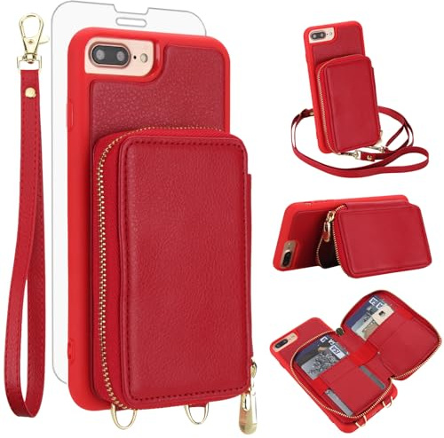 Phone Case for iPhone 6plus 6splus 7plus 8plus i 6/6s/7/8 Plus Wallet Cell Cover with Screen Protector Crossbody Strap RFID Blocking Card Holder iPhone6splus i Phone7s 7s 7+ 8s 8+ Phones8 6+ Women Red
