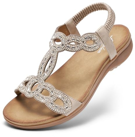 Littleplum Sandales Plats Femme Été Strass Sandales Bohême Chaussures de Plage, Abricot, 39 EU