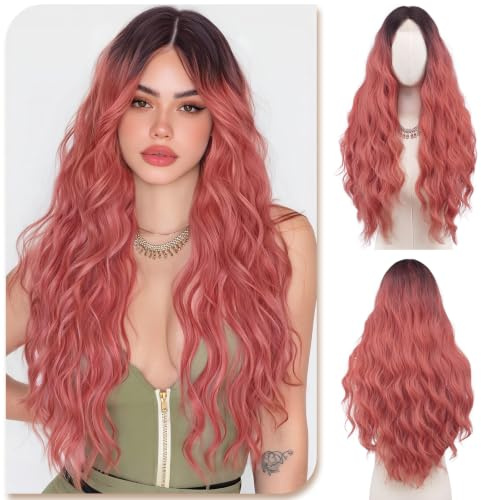 Sofeiyan Perücke Damen,70 cm Lange Mittelscheitel Perücken | Gewellte Wellig Perücke,Hitzebeständige Synthetische Haar Lockige für Alltag Cosplay Karneval,Schwarz Rosa Farbverlauf