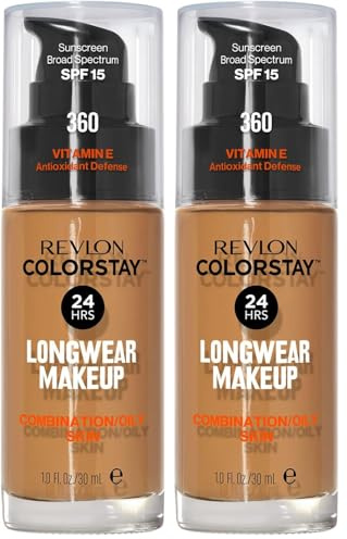 Revlon Colorstay Liquid Foundation Make-up für Mischhaut/fettige Haut LSF 15, Longwear Mittelvolle Deckkraft mit mattem Finish, Golden Caramel (360), 30 ml (Packung mit 2)
