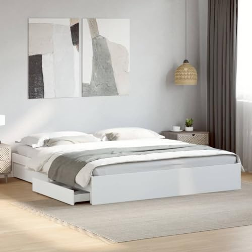 Frdhee Schwebebett Seniorenbett Tagesbett,Bettgestell mit Schubladen Weiß 200x200 cm Holzwerkstoff,Bett Für Schlafzimmer Gästezimmer,Kompakte Verpackung,Einfache Montage
