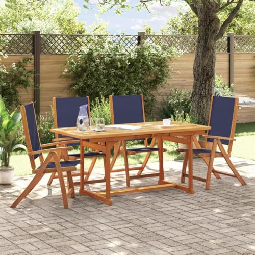 Runheo 5-TLG. Garten-Essgruppe Massivholz Akazie, ausziehbarer Tisch, 4 verstellbare Textilene-Stühle, für Terrasse, Balkon, Garten, langlebig, 170-190 cm