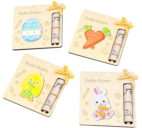 KUKUTrue® Oster-Geldgeschenk aus Holz, 10×10 cm, 4er-Set, Geldgeschenk Ostern, mit Hasen-, Ei- und Küken-Design, Gerollter Geldhalter für Ostern, Oster Geschenkideen