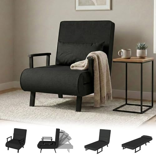 JMGJOY Schlafsessel 3 in 1 Schlafsofa mit Bettfunktion Schlafsofa Gästebettfür Verstellbarer Rückenlehne Metallrahmen Leinen für Wohnzimmer Kleine Räume Schlafzimmer Balkon (Schwarz, 1)