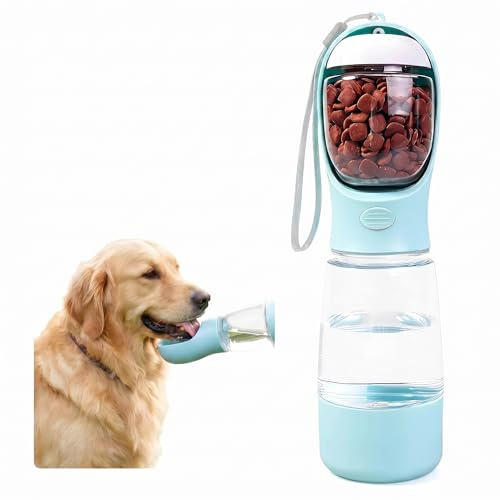 Dog Water Bottle, 4-In-1 Portable Pet Drinking Flask, Leakproof | Dog Water Bottle with Food Container Built-In Bowl Waste Bag Storage Compartment, 400 Ml & 150 G, Fits Dogs Walking Travel