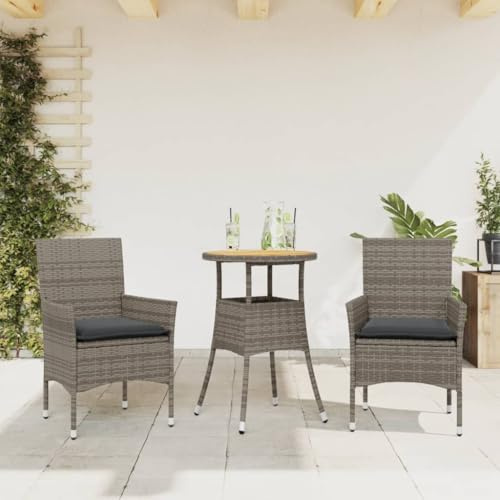 3er Set Gartenmöbel mit Kissen, Polyrattan grau, Akazie Tisch, Stühle mit gepolsterten Sitzflächen, abnehmbare Schonbezüge, robuste Akazienholzplatte, leicht
