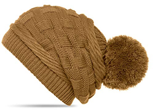 Caspar MU130 Damen Gefütterte Strick Long Beanie mit Zopfmuster und Wollbommel