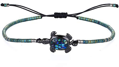 KELITCH Abalone Muschel Perlenarmband Verstellbare Schildkröte Anhänger Rocailles Wickelarmband Freundschaft Armreifen Schmuck (Grün)