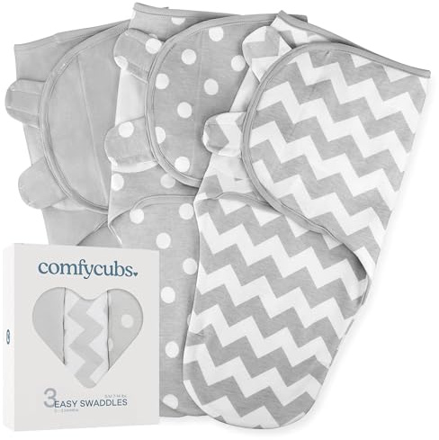 Comfy Cubs Easy Swaddle Blanket, 3 Pack - 100% Cotton Swaddle Set, Small for 0-3 Months Infants, Breathable and Durable Sleep Sack, Newborn Baby Gifts - Grey