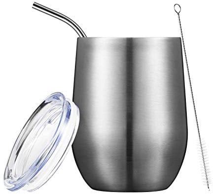 COMOOO 12oz Wine Tumbler with Lid and Straw, Stainless Steel Stemless Wine Tumbler, Double Wall Vacuum Insulated Wine Tumbler Cups for Wine, Coffee, Ice Cream, Champaign, Gift for Women, Silver