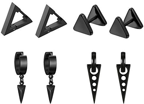 Aroncent 4 Paare Dreieck Ohrringe Triangel Ohrstecker Creolen Geometrie Ohrschmuck Herren Damen, Silber Gold Schwarz