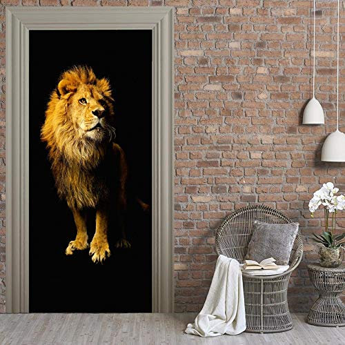 Stickers 3D Porte Poster Lion Animal Art Papier Peint Porte Trompe L'Oeil Pour Salon Chambre Décoration De La Maison Pvc Imperméable Amovibles Stickers Muraux 77X200Cm