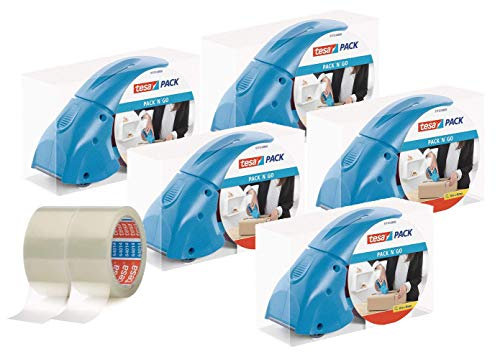 tesapack Abroller Pack' n' Go - Ergonomischer, blauer Handabroller für Paketbänder - Inklusive 50 m x 48 mm Klebeband (5 Abroller + 2 Rollen)