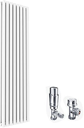 ELEGANT 1800x480mm Vertical Designer Radiators White Tall Upright Oval Column Double Panel Modern Bathroom Central Heating Rad with Thermostatic Valves Set Chrome