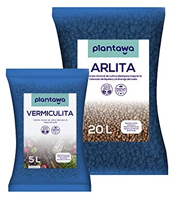 PLANTAWA Bolas Arcilla Expandida 20L + Sustrato Vermiculita 5L, Sustrato para Plantas, Abono Natural para Huerto Urbano, Tierra para Jardín Exterior, Sustratos y Abonos Arlita y Vermiculita