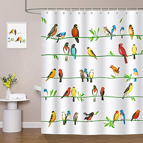 Bonhause Bird Shower Curtain 180 x 180 cm Colourful Birds on Tree Branch Bathroom Curtain Mildew & Mould Resistant Polyester Fabric Bath Curtain with 12 Hooks