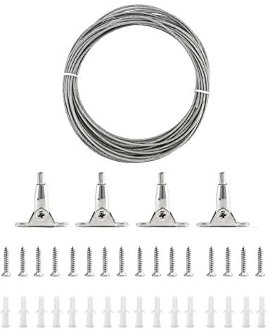 QWORK® Cavo Acciaio da 10M und 4pz Morsetto di Montaggio con Viti e Tasselli, per Appendere Vestiti Foto Tenda Lampade