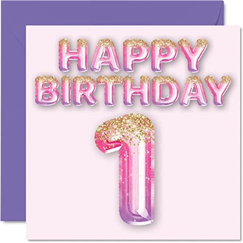 Stuff4 Geburtstagskarte zum 1. Geburtstag für Mädchen – rosa und lila Glitzerballons – Happy Karten für 1 Jahr altes Mädchen Tochter Schwester Enkelin Cousin 145 mm One First Bday Grußkarten Geschenk