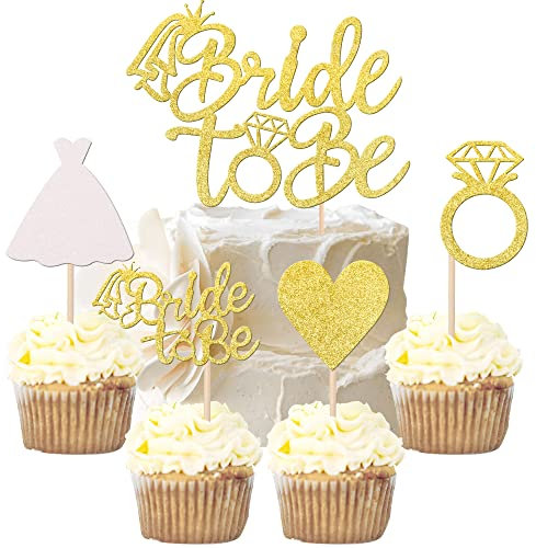 25 Stück Wedding Cake Toppers Glitter Bride Geburtstag Tortendeko Heart Ring Dress Kuchendekoration für Verlobung Junggesellenabschied Hochzeit Brautdusche Party Kuchen Dekoendeko Gold