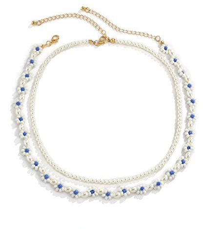 BCughia Layer Kette, Doppelkette Weiß Vergoldet Einfaches Gänseblümchen Perlen Design Das Erntedankfest Geschenke für Mama für Damen