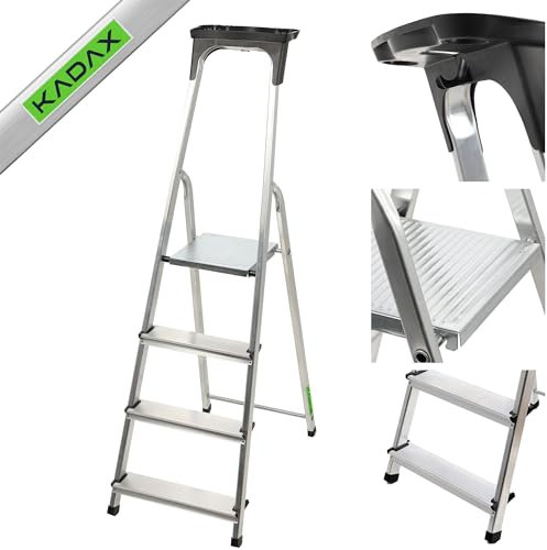 KADAX Scala Pieghevole in Alluminio, Scaletta con Ripiano Portaoggetti, Gradini Antiscivolo e Piattaforma Ampia, Supporta Fino a 125 kg (4 Gradini)