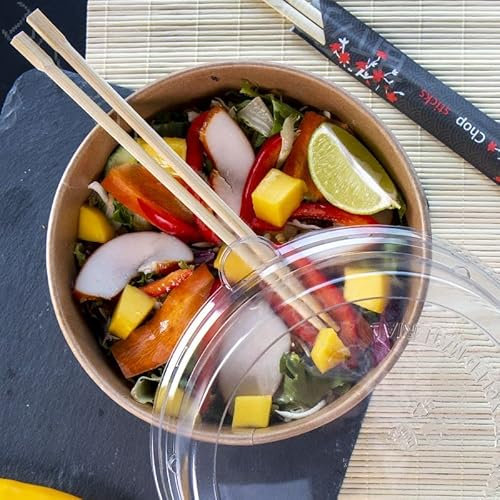 HOT BARGAINS 38oz (1100ml) Brown Disposable Takeaway Paper Kraft Salad Bowls with Lids Freezer and Microwave Safe Ideal for Street Food Packaging, Takeaway Business, Restaurant (50)