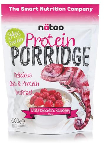 NÄTOO Porridge Proteico 600g, 36% Proteine, Porridge Istantaneo con Fiocchi di Avena, Ideale per Colazione Proteica o Snack Proteici, Gusto Cioccolato Bianco Lampone