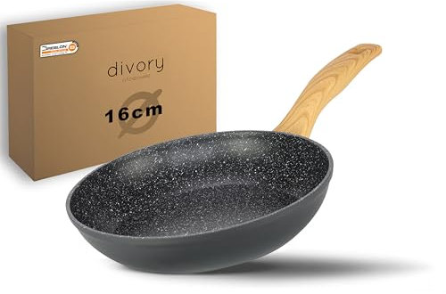 DIVORY Poêle à frire 16cm - no induction - Petite poêle universelle à revêtement antiadhésif pour tous les types de cuisinières - convient au lave-vaisselle (Poignée: Aspect bois clair)