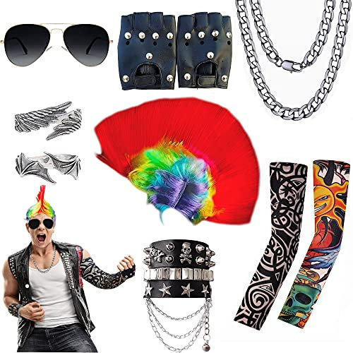 Echehi Rock Star Fancy Dress Kit 11Pcs 80s 90s Fancy Dress Costume Accessories For Men Women With Mohican Wig Cuban Chain Sunglasses Gloves Tattoo Sleeves Bracelet Rings Fun Punk Accessories For Party