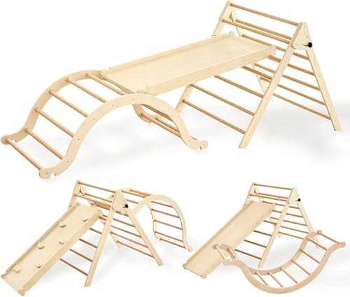 Giant bean 7-in-1 Montessori Kletterdreieck mit Kletterbogen und Rutsche, Holzdreieck für Kleinkinder ab 2-7, Indoor Kletterspielzeug, Hellbraun,L