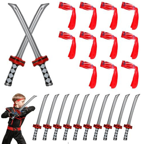 12Stk Aufblasbare Samurai Schwerter und 12Stk Ninja Stirnbänder, Aufblasbares Ninja Schwert Spielzeugset Katana Schwert Spielzeug Cosplay Zubehör für Jungen Mädchen Geburtstag Ninja-Mottoparty