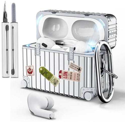 VISOOM Kompatibel mit Airpods Pro 2 Hülle 2022/2019 mit Reinigungsset Cute Suitcase Stoßfeste Schutzhülle Weiches TPU Case Cover mit Karabiner[Front-LED Sichtbar [Kabelloses Laden],Silver