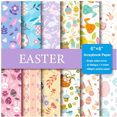 ZAKHSE Motivpapier Oster, 48 Blätter Designpapier 15,2x15,2cm, Osterhase Eier Feder Gemustert Papier, Einseitig Bastelpapier Bunt, 12 Designs, Scrapbook Papier Dekopapier für Kartengestaltung-04