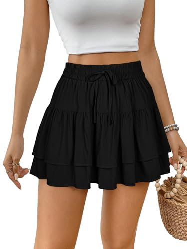 REORIA Damen Mini Cupcake Rock mit Rüschen Faltenröcke Ausgestellte Röcke Sport Tennis A-Linie Schule Tanz Skort Raffender Partyrock Schwarz XL