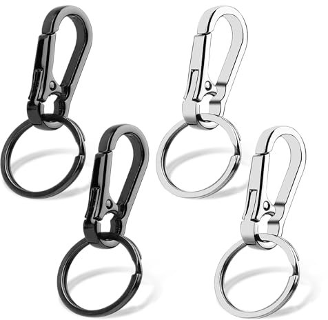 4 Pcs Porte Cles en Métal, Porte Clé Mousqueton Amovible, Mousqueton Porte Clé, Mini Mousqueton Porte Clé Résistant à l'eau et à la Rouille, pour Voiture, Sac à dos, Camping, Voyage (Argent, Noir)