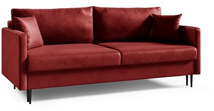 LIKMA 3 Sitzer Sofa Mara 209 cm mit Schlaffunktion und Bettzeugbehälter, Velvet Schlafsofa mit Bettkasten, Moderne Couch, Sofagarnituren, Bettsofa Farbe: Rot, Stoff: Fresh 8