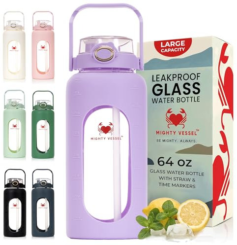 MIGHTY VESSEL 64 oz Glass Water Bottle – Lavender | Leakproof Half Gallon Glass Jug with Straw, Silicone Sleeve & Time Marker – Travel, Gym, Pregnancy, Daily Water Goals