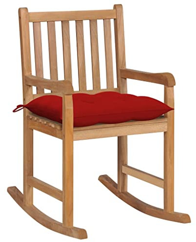 HEFZGDB Schaukelstuhl mit Rotem Kissen Massivholz Teak Balkonstuhl Loungesessel Sonnenliege Geeignet für den Pool, die Terrasse und die Veranda.