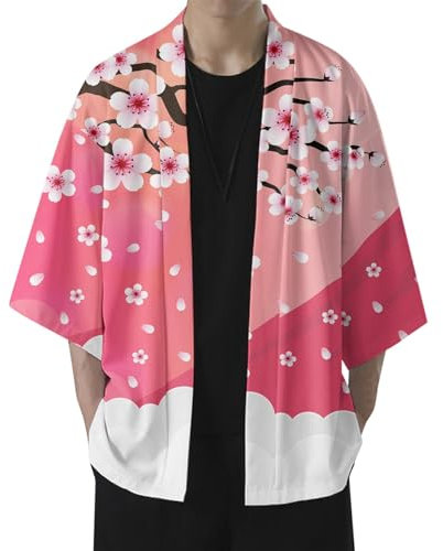 Beokeuioe Männliche Strickjacke Herren Kimono Traditionelle japanische Kleidung Haori Jacke Yukata Mantel Kirschblüte Sommerjacke Lose Cardigan Übergangsjacke Strickjacke
