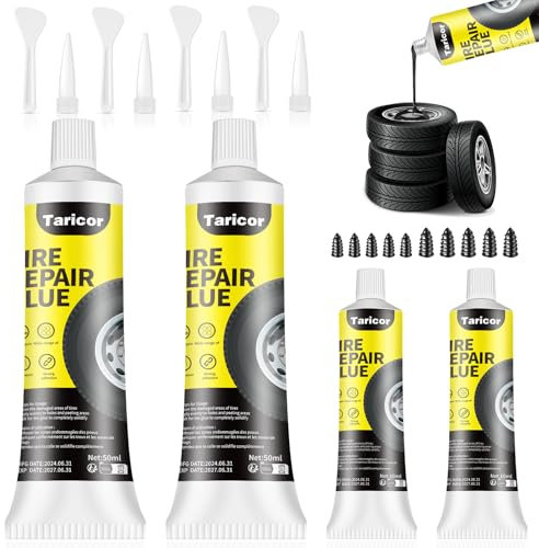 Tacicor 4 Stück Reifenreparatur Kleber, 120ml Gummikleber Schwarz, Autoreifen Kleber, Autoreifen Reparaturset für Repariert Schnell Reifenrisse, Löcher Und Abblättern mit Spitzendüse und Schaber