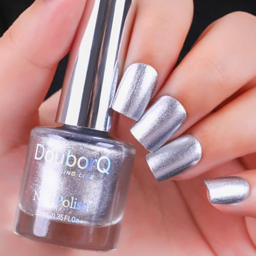 DouborQ Shiny Silver Color Nail Polish Finger Air Dry Long-lasting Metal Nail Art Varnish (01)