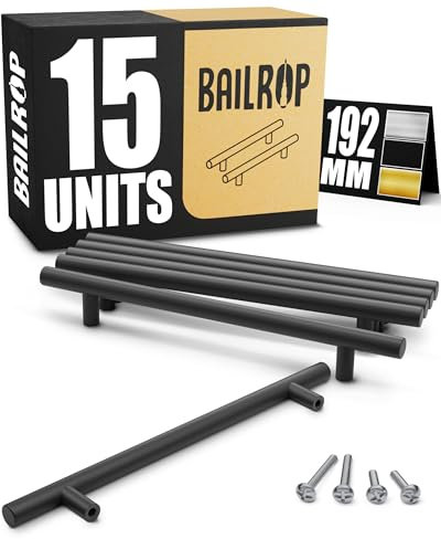 BAILROP Tiradores Cocina Negros 192MM Tiradores Armario Acero Inoxidable – Tiradores para Puertas y Muebles de Cocina Negros (15 PCS)